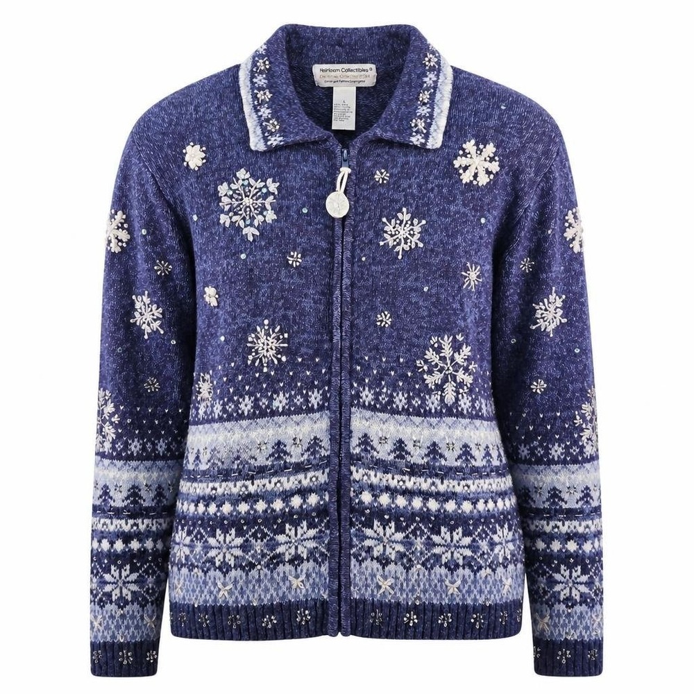 VTG Heirloom Collectibles Sweater Womens L Christmas Collection 2004 Blue Zip